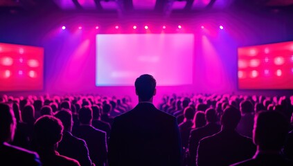 A man stands facing a large screen, addressing a large audience in a conference hall