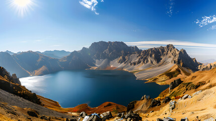 The Changbaishan Tianchi: A Majestic Volcanic Crater Lake on the China-North Korea Border in Jilin, China—Boasting Crystal-Clear Blue Water, Surrounded by Snow-Capped Peaks & Coniferous Forests, Ideal