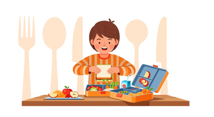Happy kid preparing a healthy school lunchbox with sandwich and fresh fruits vector illustration