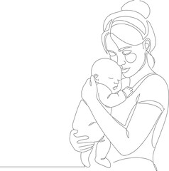 Minimalist One Line Drawing of Mother Hugging Baby Line Art Illustration