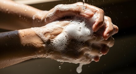 Close-up of hands being thoroughly washed with foamy soap and water, emphasizing hygiene and cleanliness.