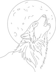 Line Art Howling Wolf Silhouette at Full Moon Animal Illustration