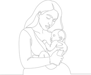 Minimalist Line Art Mother Holding Newborn Baby Illustration Drawing
