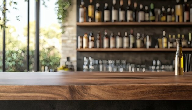 A clean, empty wooden bar top is in the foreground, with a blurred background showing shelves of liquor bottles and a window view of green plants.