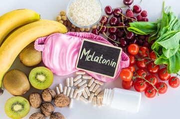 Foods containing melatonin on a beautiful background. Selective focus.