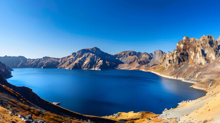 The Changbaishan Tianchi: A Majestic Volcanic Crater Lake on the China-North Korea Border in Jilin, China—Boasting Crystal-Clear Blue Water, Surrounded by Snow-Capped Peaks & Coniferous Forests, Ideal