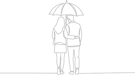 Minimalist Outline Couple Walking Under Umbrella Romantic Line Art Illustration