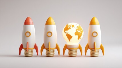 Four rocket-shaped objects, one a lit globe, symbolize innovation and growth