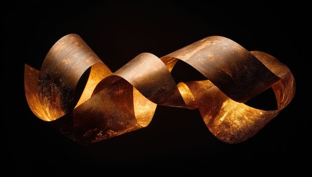 Metallic ribbon curves, illuminated, against black background
