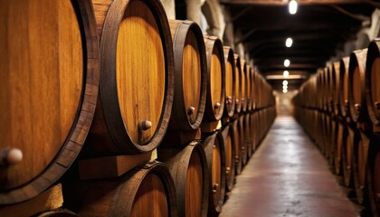 Rows of wooden barrels are neatly stacked in a dimly lit cellar, creating a long perspective of aging wine.