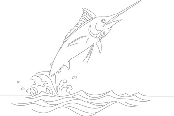 Fototapeta premium Black and White Line Art Leaping Marlin Illustration Animal Aquatic