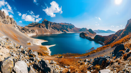 The Changbaishan Tianchi: A Majestic Volcanic Crater Lake on the China-North Korea Border in Jilin, China—Boasting Crystal-Clear Blue Water, Surrounded by Snow-Capped Peaks & Coniferous Forests, Ideal