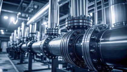 Industrial valves and pipelines in detailed engineering composition, monochrome atmospheric photography, mechanical system perspective captured with modern artistic structural design.
