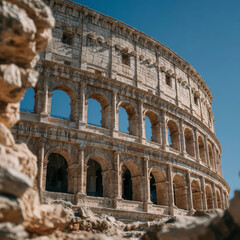 Obraz premium Ancient Roman amphitheater with stone arches and weathered walls under clear blue sky, showcasing historic architecture and cultural heritage in bright daylight