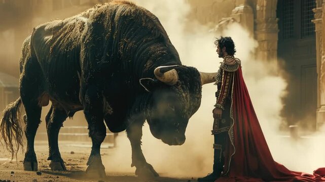 Courageous bullfighter in traditional attire facing off against a colossal bull in a gritty arena, sharing a moment of understanding and admiration in a timeless bullfight