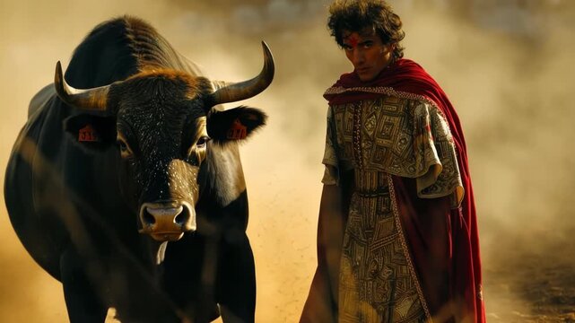 Dramatic scene of a brave Spanish matador in a traditional costume standing defiantly before a powerful, aggressive bull in a bullfighting arena, enveloped in a cloud of dust at sunset