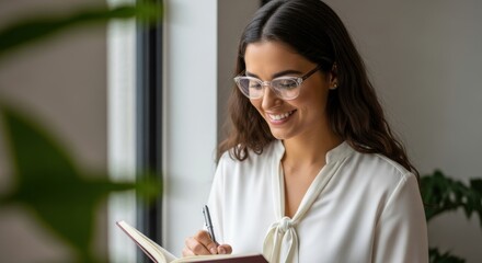 Young hispanic female professional writing in notebook with glasses