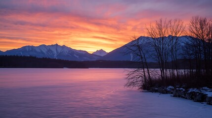 Vibrant sunset over snow covered mountains and frozen lake