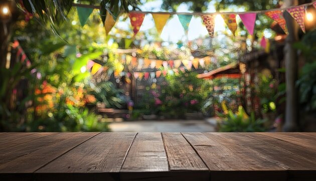 A rustic brown wooden table is in the foreground, with blurred background of a garden party setting featuring colorful triangular flags and lush green foliage.