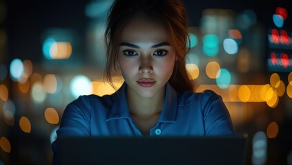 A woman intently focused on a laptop at night, city lights blurred in the background
