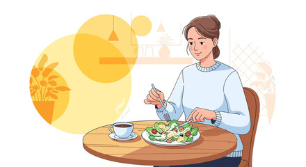 Illustration of a woman enjoying a healthy lunch with salad and coffee at a cafe