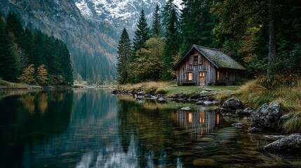 Fototapeta premium Radiant Watercourse Reflecting Forest Wilderness with Cabin – Immersive Nature Visual for Eco-Tourism and Digital Wellness Campaigns