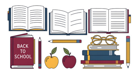 Back-to-school autumn line-art kit. Stylized notebooks, pencils, apples, and glasses perched on a stack of books. Intellectual and cozy vibe in a palette of burgundy, navy blue, and mustard yellow