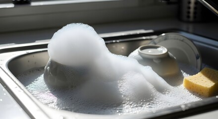 A kitchen sink filled with overflowing white suds and dishes, with a sponge resting on the side.