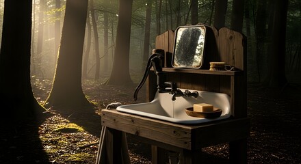 A rustic outdoor washstand with a mirror and soap sits amidst a sun-drenched, misty forest.