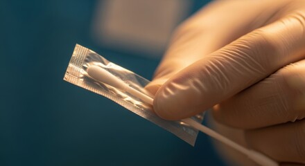 Gloved hand holding sterile cotton swab pack for medical use