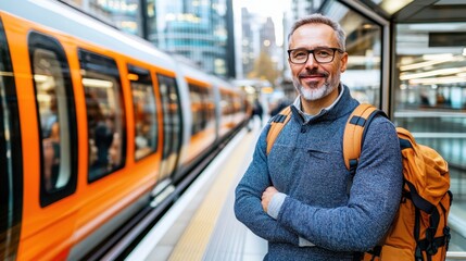 A man wearing glasses and carrying a backpack stands on the train platform at a subway station. He smiles as he waits for his train in London