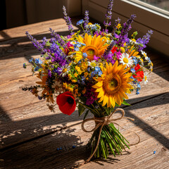 Bright floral bouquet with sunflowers and wildflowers on a rustic wooden table