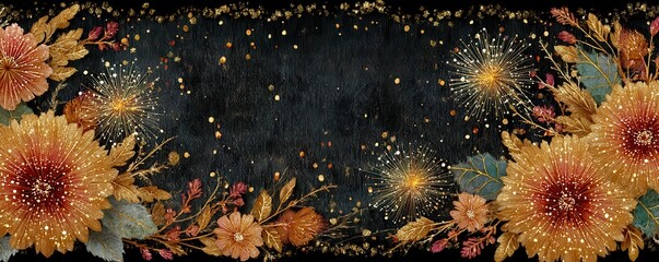 Elegant black background with golden fireworks and floral decorations