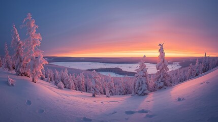 Winter sunset over snow covered forest and valley