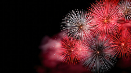 Colorful fireworks display lighting up the night sky, creating a vibrant atmosphere with bursts of red, white, and blue, celebrating special occasions