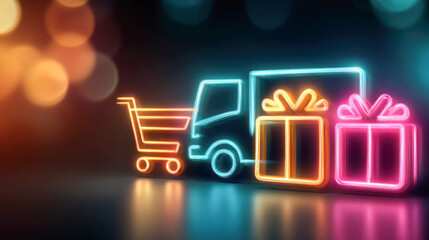 Neon illustration of shopping cart, delivery truck, and gift boxes, representing online shopping and e-commerce concept with vibrant colors