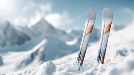 Ski equipment resting in fresh snow with majestic mountain backdrop, showcasing winter sports adventure and outdoor recreation experience