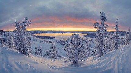 Winter sunset over snow covered forest and valley
