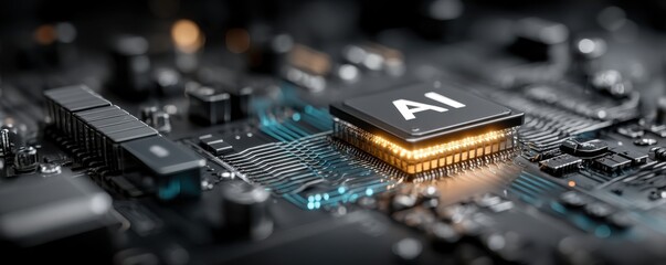High-tech AI chip on a glowing circuit board with intricate electronic connections
