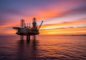 Obraz premium Offshore oil rig silhouetted against a fiery sunset