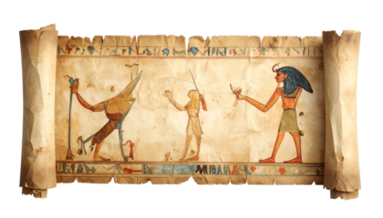 Ancient Egyptian scroll with hieroglyphs, deities, and figures