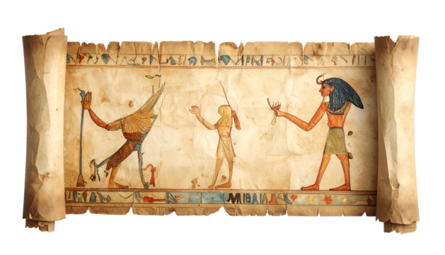 Ancient Egyptian scroll with hieroglyphs, deities, and figures
