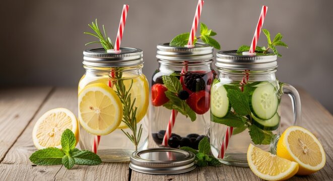 Refreshing infused mason jar drinks with fruit and herbs