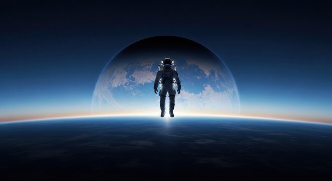 Astronaut floating in space with planet in background at dawn