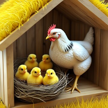 Group shot of a mother hen surrounded by her fluffy young chicks, isolated against a white background (JPG). Cute poultry farm animal family.