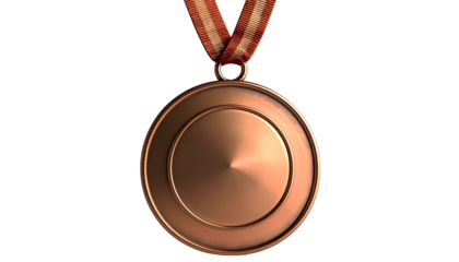 Bronze medal with red ribbon, isolated on black, award concept