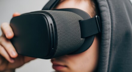 Young caucasian male exploring virtual reality with headset