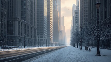 Snowy City Street Scene Skyscrapers and Winter Weather