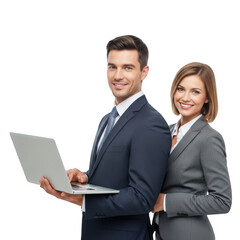 Fototapeta premium Professional business colleagues collaborating on a laptop project together smiling and posing isolated on transparent background