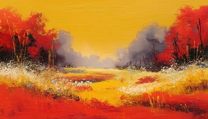 Modern Abstract Oil Painting On Canvas Showing Semi-Abstract Depiction Of Landscape, Trees, And Flowers In Yellow And Red. Contemporary Nature Art.